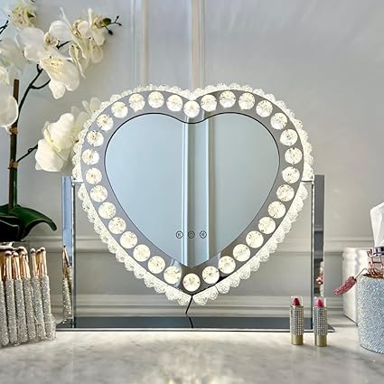 Heart LED Vanity Mirror with Crystal Accents, Illuminated Makeup Mirror