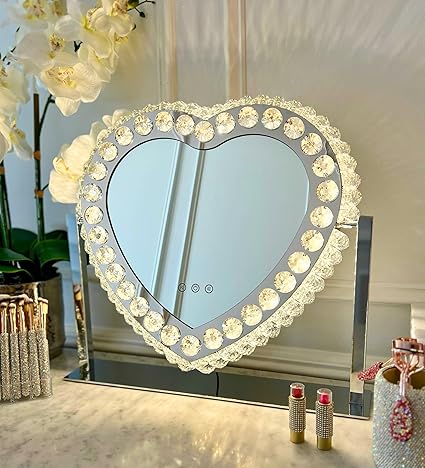 Heart LED Vanity Mirror with Crystal Accents, Illuminated Makeup Mirror